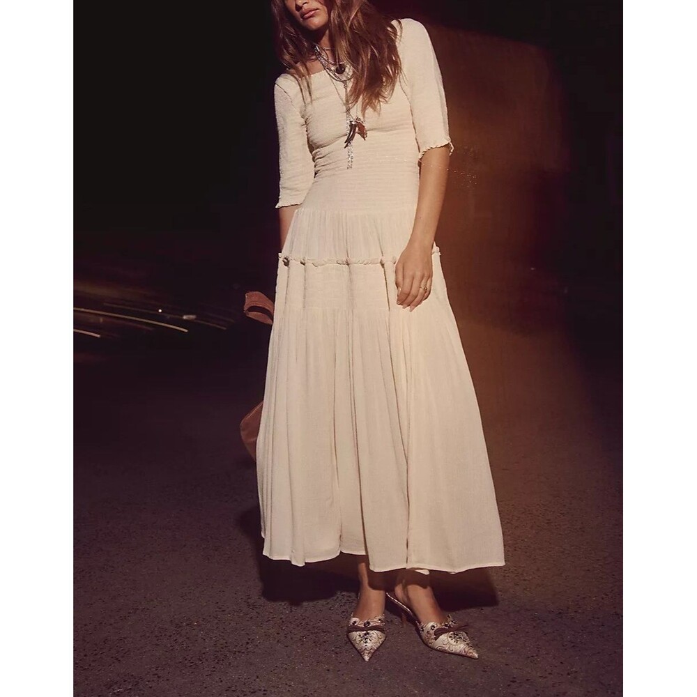Free People Free-Est Harlyn Midi Dress Smocked Flowy Layered Solid L 286892